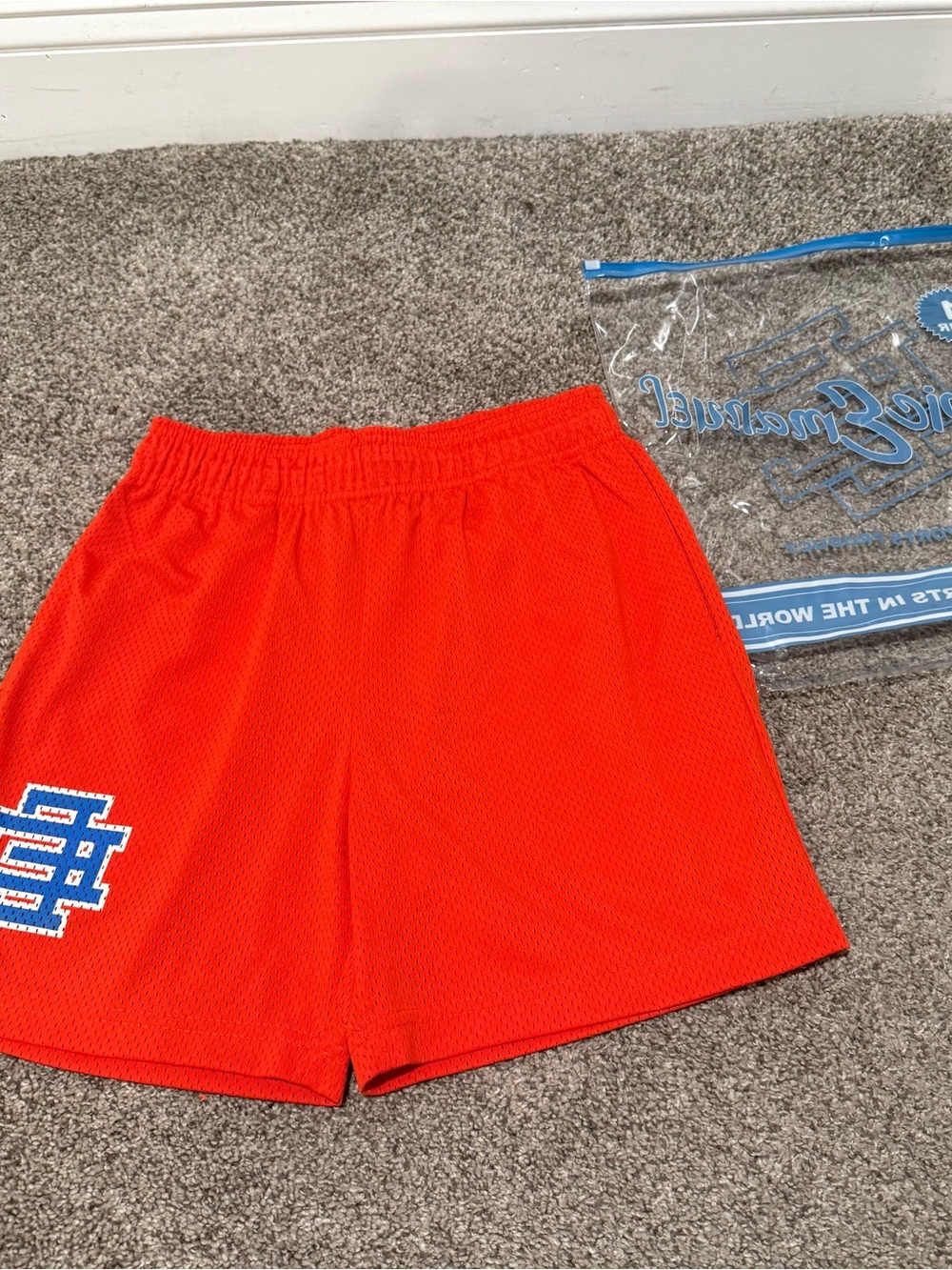 Eric Emanuel Bright Orange Mesh Athletic Shorts with Blue Logo